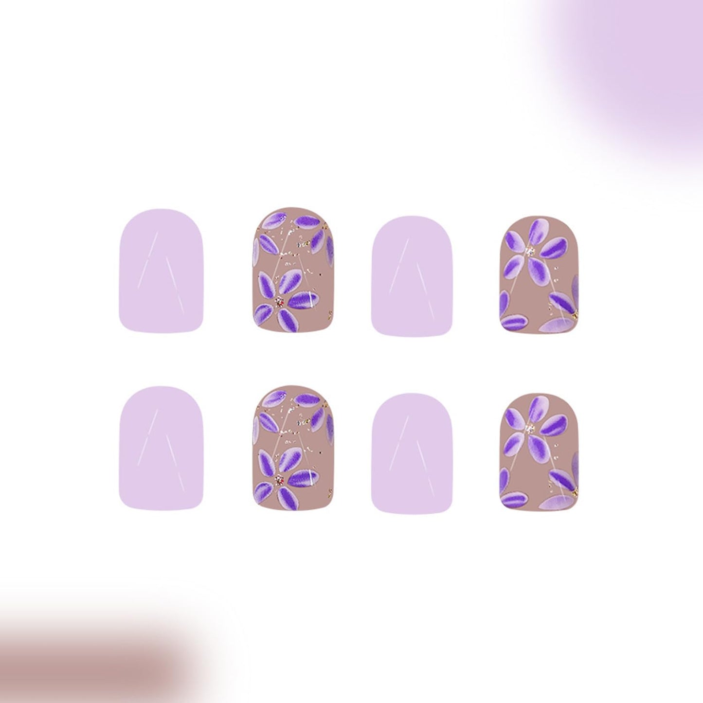 Short Press on Nails Cute Flower Fake Nails with Glitter Designs Purple Nails Press ons Square Spring False Nails Full Cover Glue on Nails Acrylic Nails for Women Spring Summer Daily Wear Salon