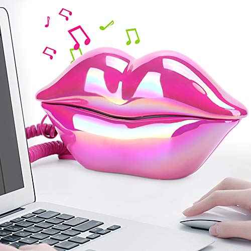 Fashionable Lip Telephone, Rose Red Electroplating Retro Sexy Home Phone, Mouth Corded Landline Telephone for Decoration Girls Gift