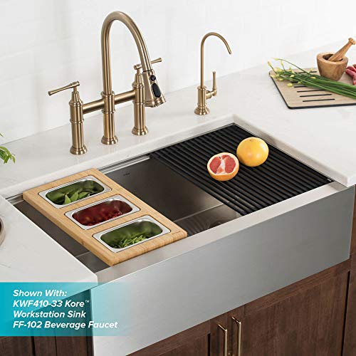 KRAUS Allyn Transitional Bridge Kitchen Faucet with Pull-Down Sprayhead in Brushed Gold, KPF-3121BG