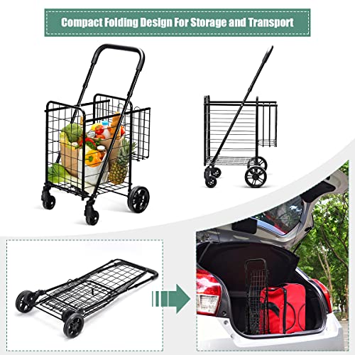 Folding Shopping Cart, Double Basket Supermarket Cart with Adjustable Wide Cushion Handle Bar and Swivel Wheels, Suitable for Grocery Book Luggage Travel Laundry, Large Utility Carts (Black)