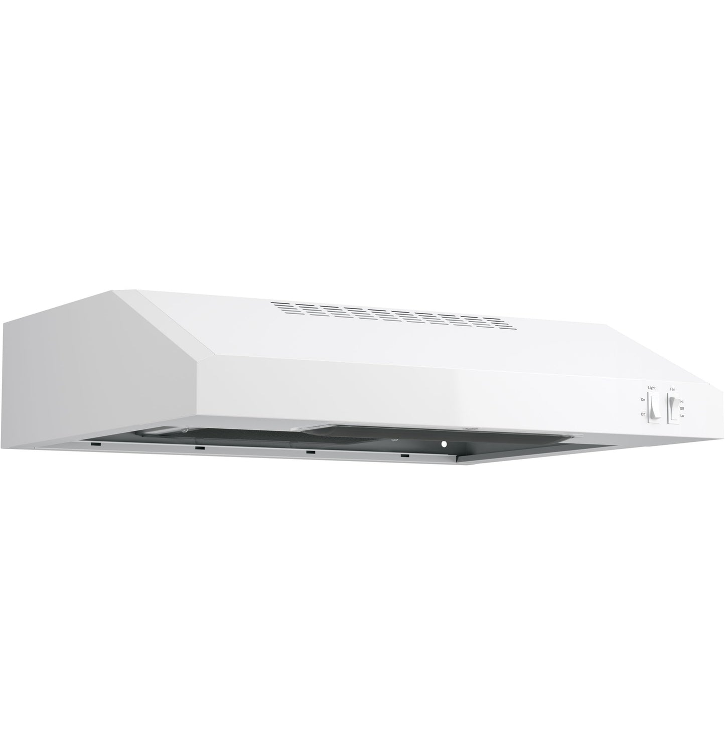 GE 24in. Under Cabinet Range Hood, convertible Duct, 2 Speed Exhaust Fan, Front Control and Reusable Filter, White