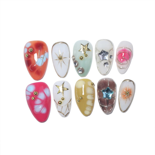 10Pcs Short Almond Handmade Press On Nails | Easy Apply & Remove, Reusable Salon Quality Nails | Colorful Y2K Fake Nails with 3D Star, Gold Accents & Rhinestone (RR06, XS)