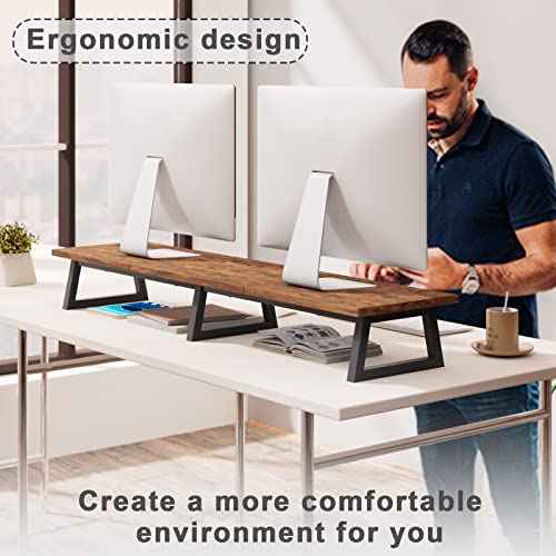 TEAMIX 42 inch Large [Dual] [Monitor] [Riser],Rustic Brown Extra Long TV [Stand Wood & Steel Desktop [Riser] with Storage for [Dual] Screen Office Desk Organization