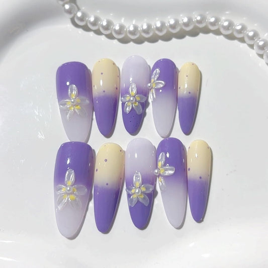 Vseegrs Purple Handmade Press on NailsStiletto Long Artificial False Nails with Designs Embossed Flowers Acrylic Nail Press ons Polka Dot Press on Nail Kit for Women 10pcs (L)