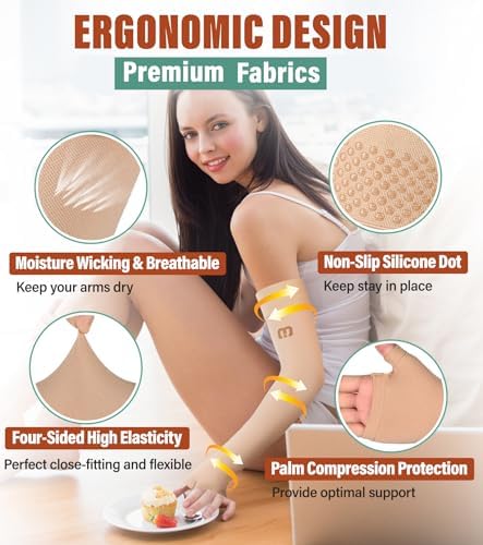 MGANG Lymphedema Compression Arm Sleeve with Gauntlet for Women Men, Opaque, 15-20 mmHg Medical Graduated Compression Full Arm Support, Thumb Lymph Edema Arm Sleeve, Pain Relief, Arthritis, Beige XL