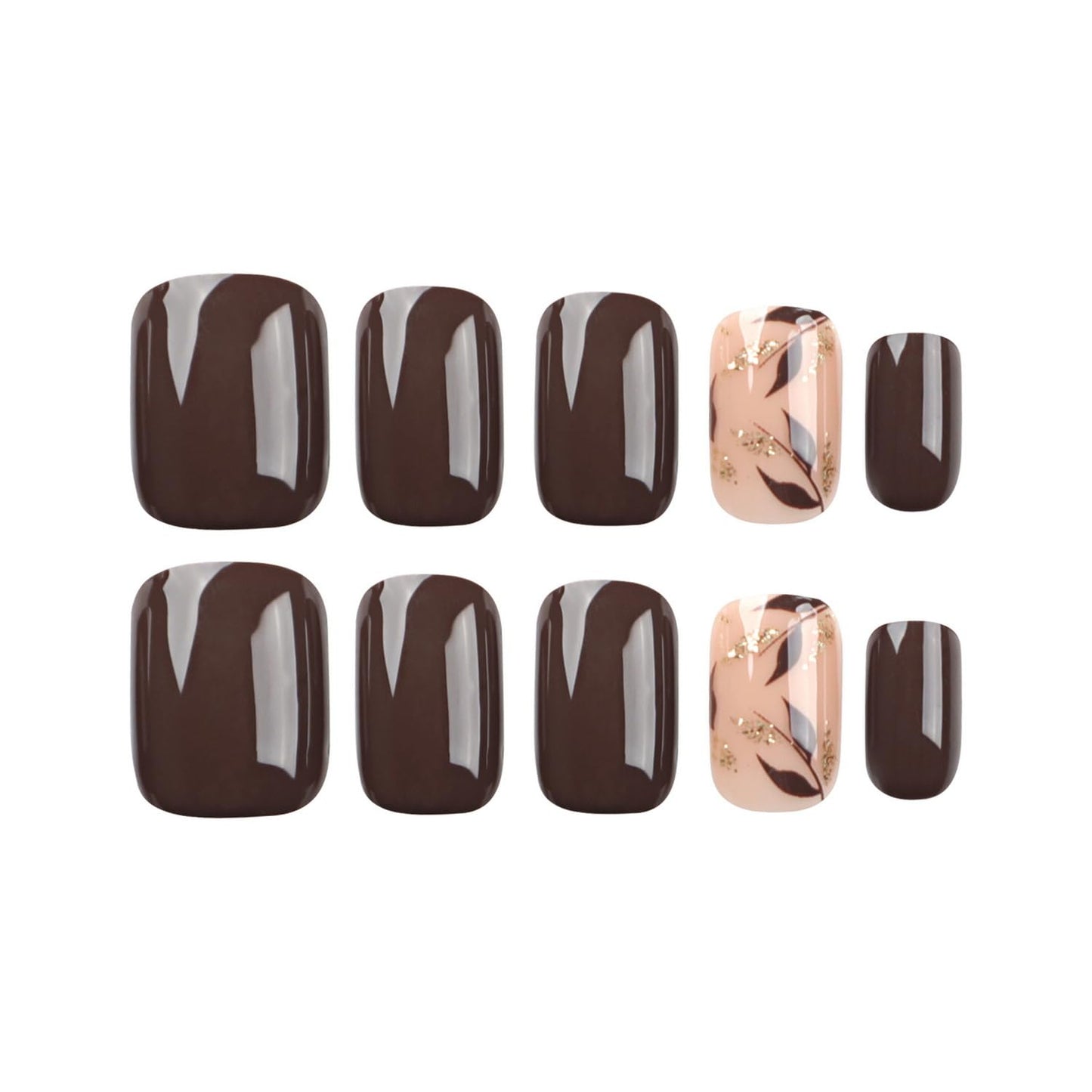 Fall Brown Press on Nail Extra Short Square Fake Nails with Autumn Leaves Golden Glitter Powder Designs Stick Glue on Nail Full Cover Glossy Acrylic False Nails for Women Decorations24pcs
