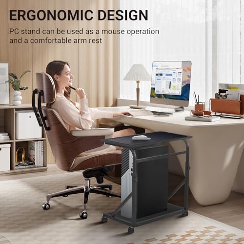 Computer Tower Stand, 2-Tier CPU Stand with Lockable Wheels, Adjustable Height PC Stand for Floor, Mobile PC Laptop Standing Table for Home Office (Black)