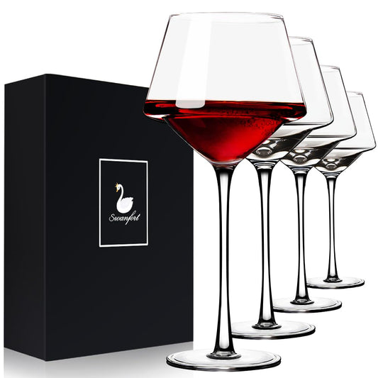 Red Wine Glasses Set of 4, Long Stem Crystal Wine Glasses, Burgundy Wine Glass with Gift Box, 14.5 oz Large Wine Glasses With Stem for Wedding Anniversary Birthday Gifts