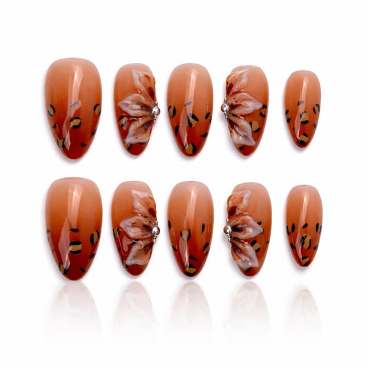 IntoVibes 10 Pieces Handmade Press On Nails Medium Almond, Brown Thickened French False Nails, 3D Petals, Reusable Fake Nails Almond, Reusable Acrylic Nails (M)