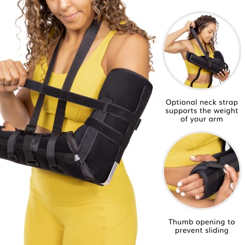 BraceAbility Posterior Long Arm Splint - Elbow Immobilizer Right or Left Forearm Brace with Sling for Fractures, Post-Surgery Recovery, Tendonitis, Bursitis, and Ulnar Nerve Entrapment Relief (S)