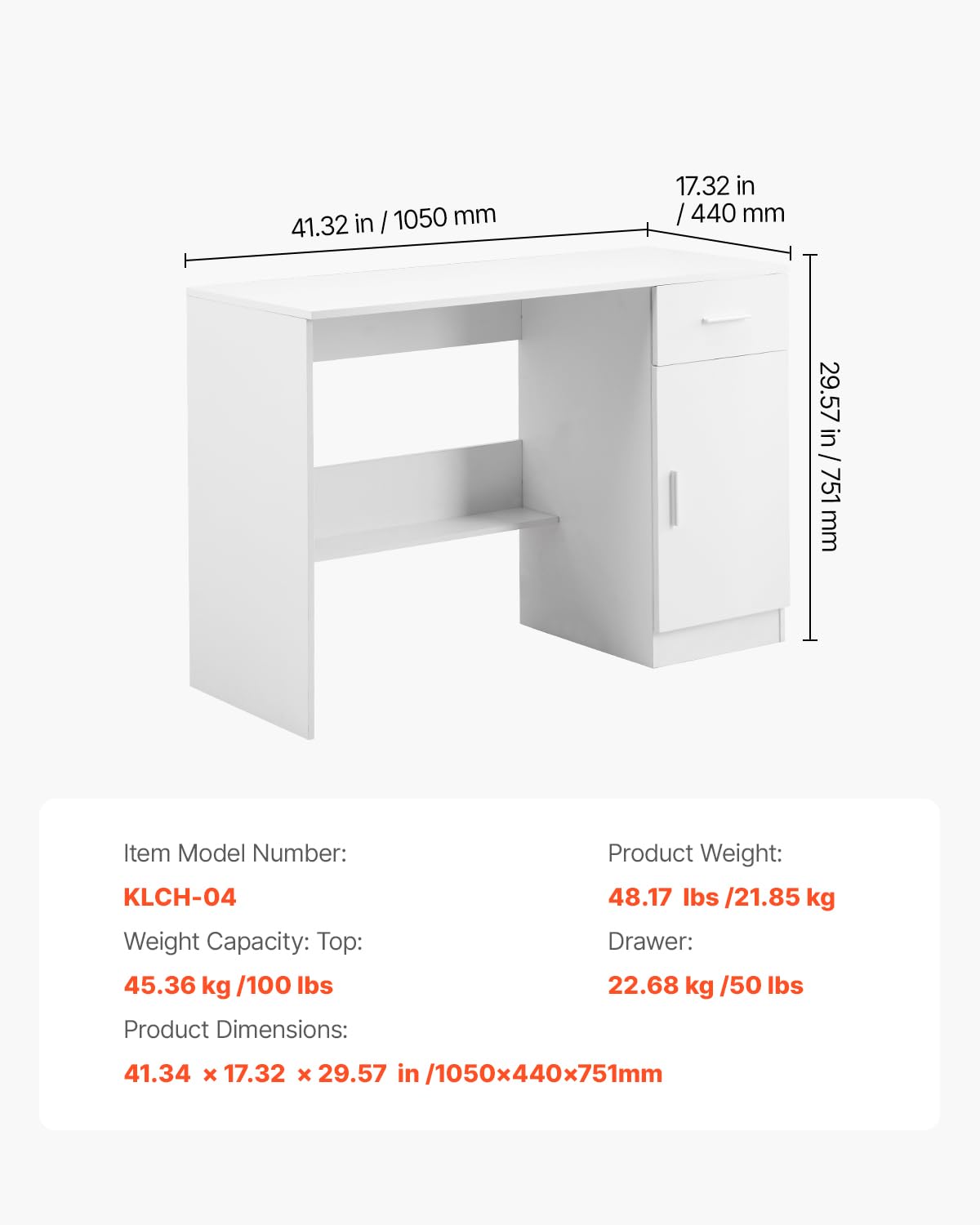 VEVOR Small Desk with Drawer, Kids Desk for Bedroom, Wooden Simple Study Table for Drawing, Reading, Writing, Rectangle MDF Study Storage Table with Adjustable Shelf for Home, Office, White