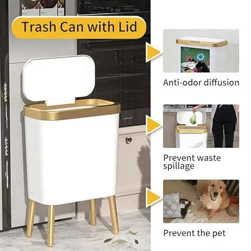 Procade Bathroom Trash Can with Lid, Plastic Garbage Can with Legs, 4 Gallon Gold Trash Bin with Push Button, Narrow White Trash Can Waste Basket for Bedroom, Living Room,Office£¬Dog Proof Trash Bin
