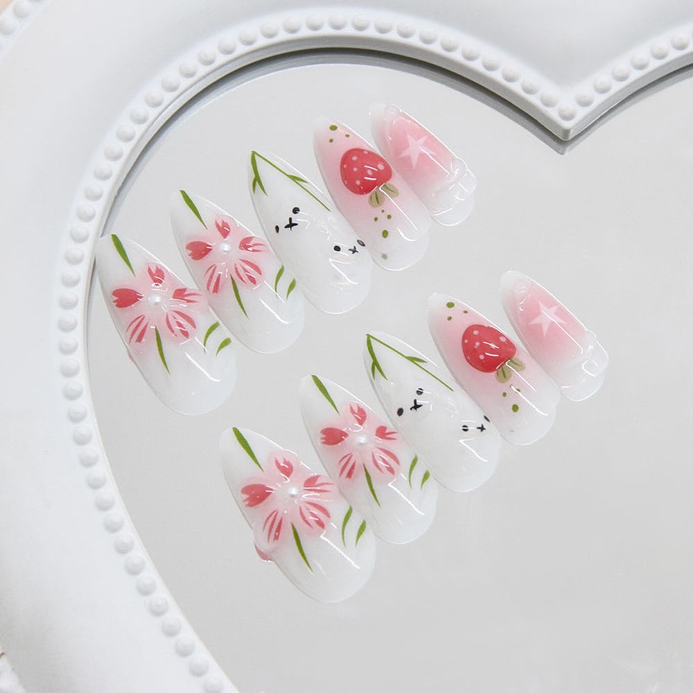 24 Pcs Summer Press on Nails Short Almond,MINGCHUN White Fake Nails Press ons Acrylic Nail Art Tips Kit Full Cover False Nails Glue on Nails with Flowers Strawberry Design for Women Nail Supplies