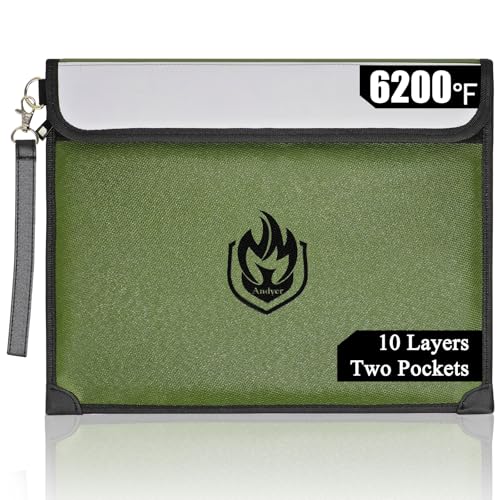 2 Pockets Fireproof Document Bag 6200¡ÆF, 10 Layers Waterproof Fireproof Money Bag for Cash with Reflective Strip, Heat Insulated Waterproof Document Holder Pouch, Fire Safe Storage (Green)