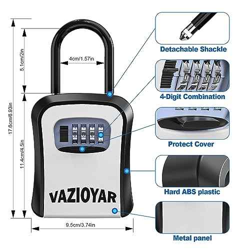 Key Lock Box for Outside, Portable Waterproof Wall Mounted Resettable 4-Digit Combination Key Storage Lockbox, 5 Keys Capacity Key (With Shackles)
