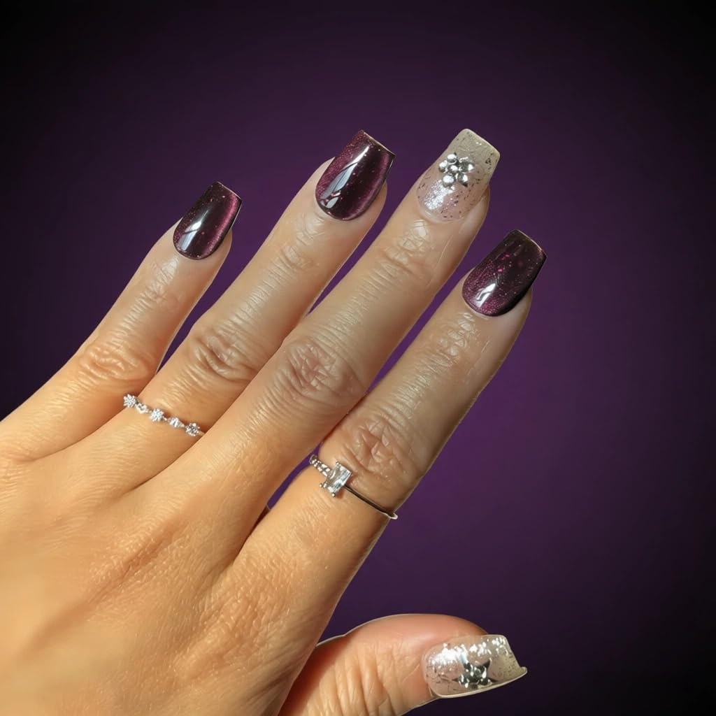 Tesytto Handmade Short Square Press On Nails, Purple Cat Eye Glitter False Nails with 3D Star Rhinestone, Reusable Fake Nails for Women, 10Pcs (Gemstone Starry Night, M)