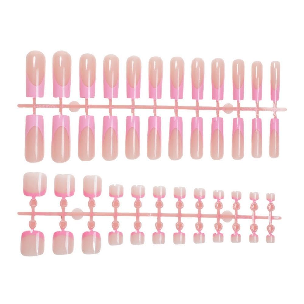 48Pcs Pink French Tips Press on Toenails Nude Pink Press on Nails Long Square Stick on Nails with Designs Full Cover pink Fake Toenails Glossy Summer False Toenails for Women Girls DIY Manicure