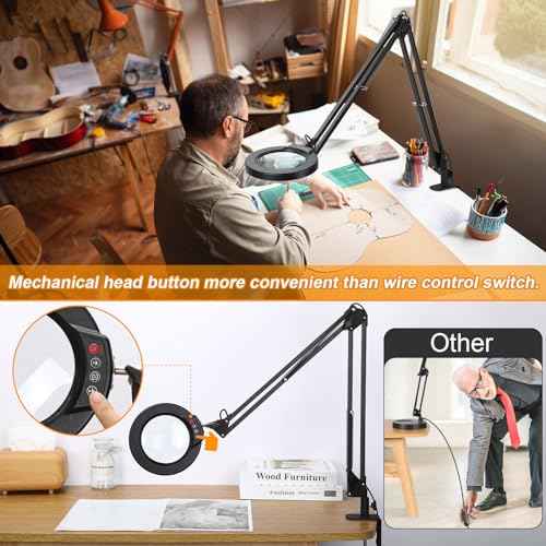 10X Large Magnifying Glass with Light and Stand, 2 x 16 Inch Adjustable Swivel Arm LED Desk Lamp with Clamp, 5 Color Modes Stepless Dimmable, Lighted Magnifier Hands Free for Close Work, Hobby
