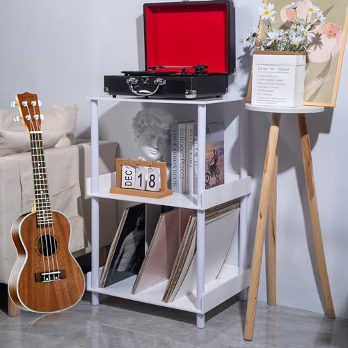 Antilope 18x14 White Acrylic Record Player Stand with Vinyl Storage, 3 Tiers Turntable Stand Holder Up to 200 Albums, Large Record Player Table Cabinet Organizer for Living Room Bedroom Corner