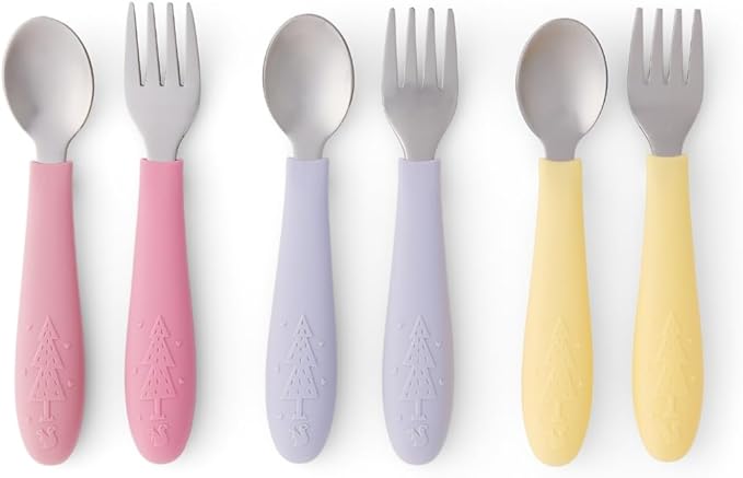 Elk and Friends Kids Silverware with Silicone Handle | Childrens Safe Flatware | Toddler Utensils | Baby Spoons + Forks | Stainless Steel Cutlery | Dishwasher Safe | 6 Pieces