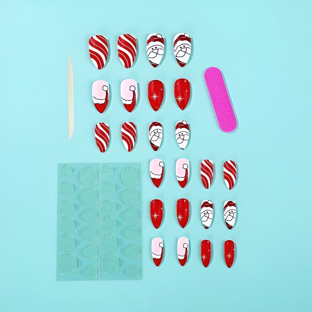 Christmas Almond Press on Nails Medium Red Santa Claus Fake Nails with Snowflake Design Winter False Nails Acrylic Nails Full Cover Glue on Nails Stick on Nails for Women and Girls