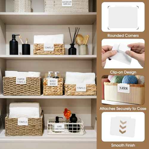 12pcs White Basket Labels Clip On for Storage Bins, Removable PVC Labels for Baskets with Holders, 3.5x2.7 Inches