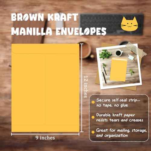 25 Pack Manilla Envelopes 9 x 12, Brown, Letter Size, Self-Seal Manila Large Envelopes for Office Business, Home, Organize, storage