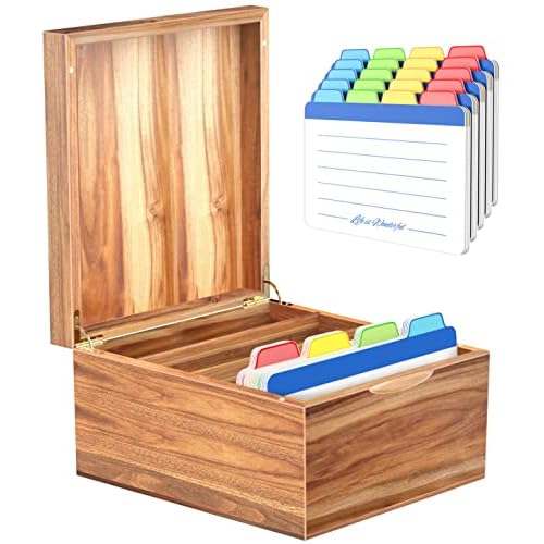 Neando 5x8 Index Card Organizer with Lid ? Extra Large Acacia Wood Storage Box with 4 Compartments, 20 Blank Tabs, Holds 600 Cards ? File Box for Recipes, Projects, School Notes & Office Organization
