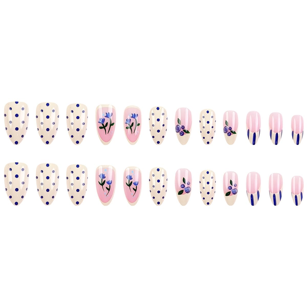 Medium Almond Press on Nails Yellow Fake Nails with Polka Dot & Blueberry & Blue Flower Design French Tip Nails Press ons Acrylic Full Cover Glossy Glue on Nails for Women Manicure 24Pcs