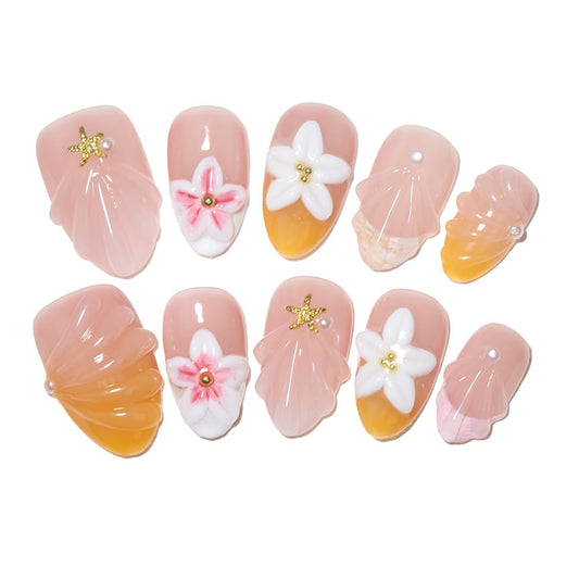10Pcs Short Almond Handmade Press On Nails | Nude Pink & Yellow Ombre with 3D Seashell, Flower & Starfish Decor | Reusable Salon-Quality Fake Nails for Women and Girls (25902, XS)