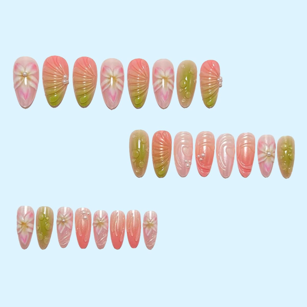 24Pcs Flower Press on Nails Almond Medium Fake Nails Gradient Pink Full Cover False Nails 3D Pearls Flower Glue on Nails Green Spring Summer Stick on Nails Cute Acrylic Nails for Women DIY Manicure
