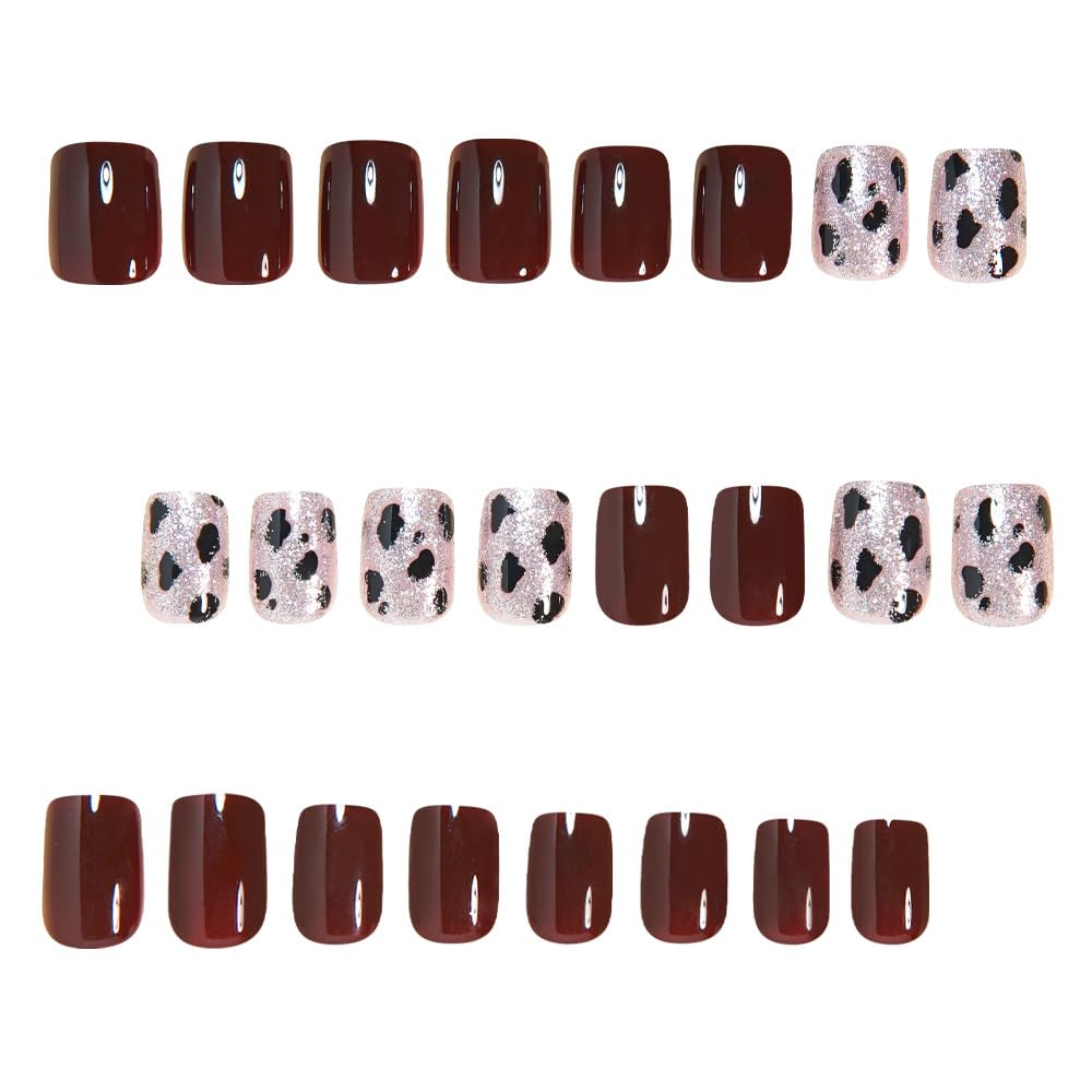 CEWEWP Short Square Press on Nails Red Brown Fake Nails Leopard Print False Nail with Milk Cow Print Glitter Design Full Cover Acrylic Glossy Stick on Nails Winter Glue on Nail for Women 24PCS