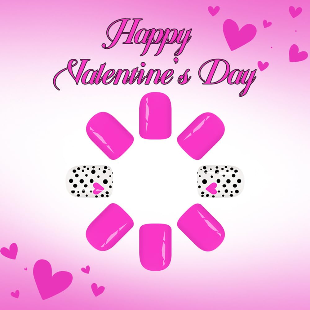 Valentine’s Day Press on Nails Short Square Fake Nails with Rose Red Heart Black Polka Dots Designs Pink Nails Press ons Glossy Glue on Nail Acrylic Nails Full Cover Stick on Nail for Women 24Pcs