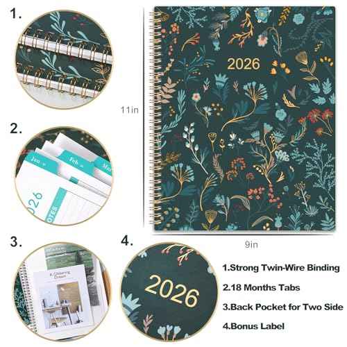 2026 Monthly Planner - 2026 Planner, Monthly Calendar 2026, Jan. 2026 - Dec. 2026, 9" x 11", 12 Month with Tabs & Pocket, Flexible Cover, Twin-Wire Binding, Thick Paper - Green