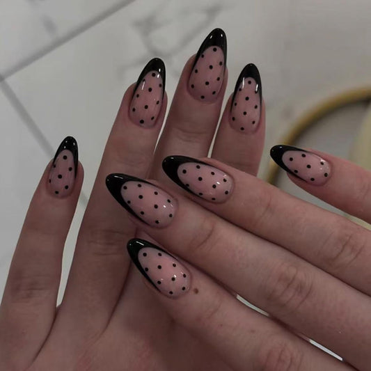 Black Fench Tip Press on Nails Medium Almond Fake Nails Cute Polka Dot Nails Press ons with Design Reusable Artificial Nail Full Cover Stick on Nails for Women Manicure 24Pcs