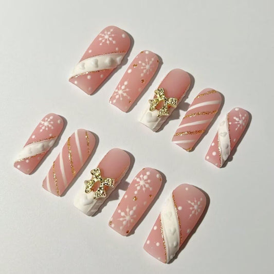 MAGLFELL Press On Nails Handmade Square Fake Nails, Painting Snowflakes and Gold Plated Bow Design,10 Pcs Reusable ABS Material Acrylic Fingernail Tip Salon Artificial Nails Kit (Size M)