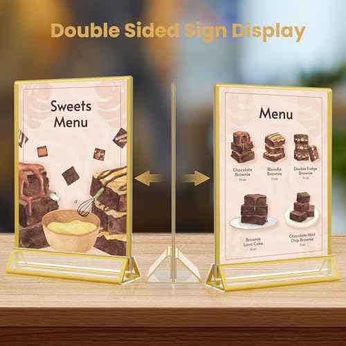 5x7 Gold Acrylic Sign Holder, 12 Pack Wedding Table Number Stands With Vertical Gold Borders, Double Sided Picture Frame Paper Stand, Clear Photo Display Menu for Party, Home, Restaurant