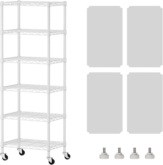 SINGAYE 6 Small Shelf Storage Wire Shelves Closet Bathroom Organizers Metal Pantry Kitchen Garage Shelving Unit Laundry Room Organization Home Narrow Rack Net Basket with Wheels White