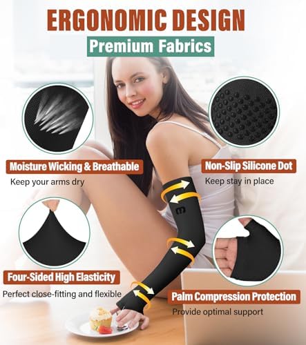 MGANG Lymphedema Compression Arm Sleeve with Gauntlet for Women Men, Opaque, 20-30 mmHg Medical Graduated Compression Full Arm Support, Thumb Lymph Edema Arm Sleeve, Pain Relief, Arthritis, Black 3XL
