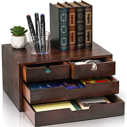 DEAYOU Bamboo Desk Organizer, 100% Natural Bamboo Desktop Drawer Organizer, Dark Brown Tabletop Storage Cabinet Organization Box with 4 Drawer for Makeup, Letter, Home, 3 Layer, Fully Assemble