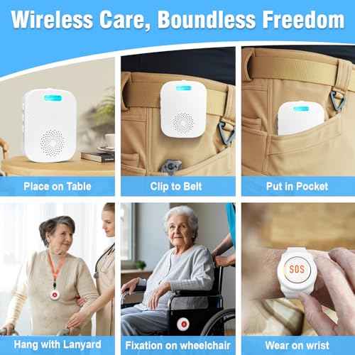 Daytech Caregiver Pager Call Bell for Elderly at Home Fall Detection for Seniors/Patient/Disabled 300+ Feet 1 Portable/Vibration Receiver & 2 Alert Call Button