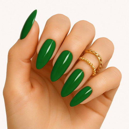 Glossy Green Press On Nails – Almond Shape, Medium Length, 24 PCS Fake Nails with Nail File & Glue Tabs, Reusable ABS Material
