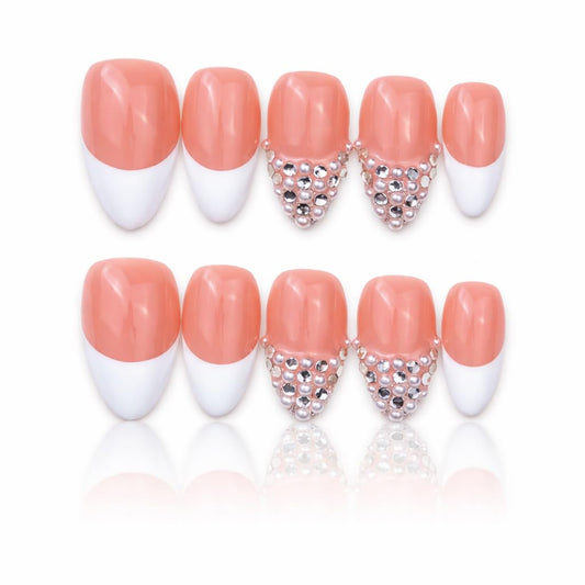 IntoVibes 10 Pieces Handmade Press On Nails Medium Almond, White Thickened French False Nails, Pearls And Rhinestone, Reusable Fake Nails Almond, Reusable Acrylic Nails (L)
