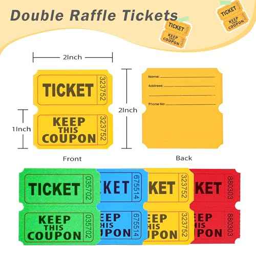 4800 Double Raffle Tickets, 1200 Tickets Per Roll, Assorted 50/50 Raffle Tickets Roll for Events, Entry, Carnivals, and Door Prizes (Blue/Red/Green/Yellow)