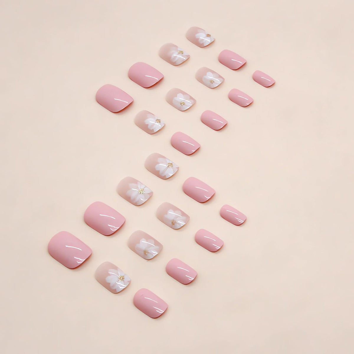 Flower Press On Nails - Glossy Pink Nails with White Flowers Designs - Cute Short Acrylic Nail Kit - 24Pcs