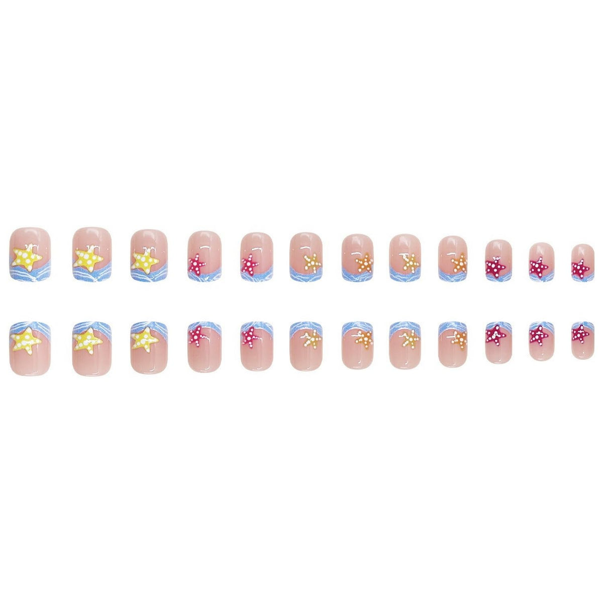 Summer Press on Nails Waves French Tip Fake Nail Beach Nails Press ons with Starfish Design Short Square Stick on Nail Glossy Acrylic Nails for Women DIY Manicure Decor 24 Pcs
