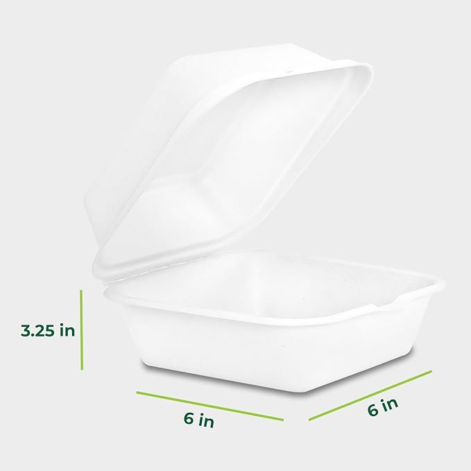 Freshware Clamshell Food Containers with Lids [6x6 50-Pack] Disposable To Go Containers, Biodegradable Sugarcane To Go Boxes - Paper Container - Microwave & Freezer Safe, Stackable
