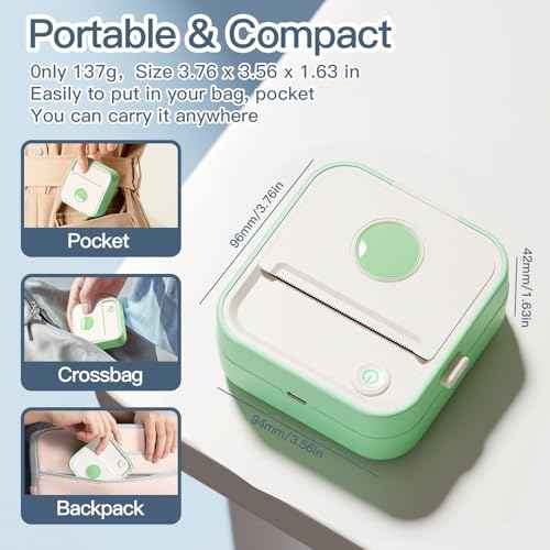 Label Maker Machine, HD Mini Sticker Printer with 7 Rolls Paper, Portable Thermal Print Pod Supports 12-57mm Papers, Bluetooth Pocket Printer for Home, Kitchen, School (Green)