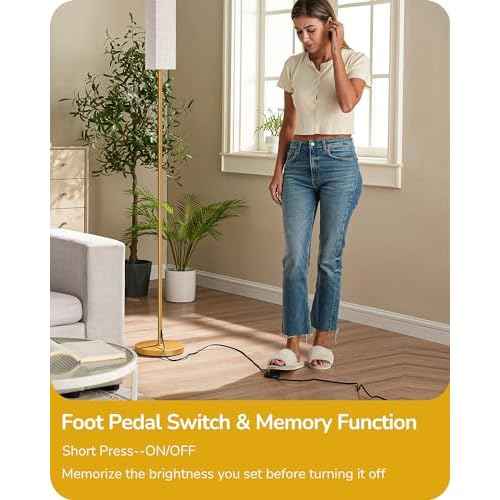 EDISHINE Modern Corner Floor Lamp with Remote, Stepless Dimmable Minimalist Reading Lamp, 65" Tall Pole Lamp for Living Room, Bedroom, Office, 9W LED Bulb Included (Gold)