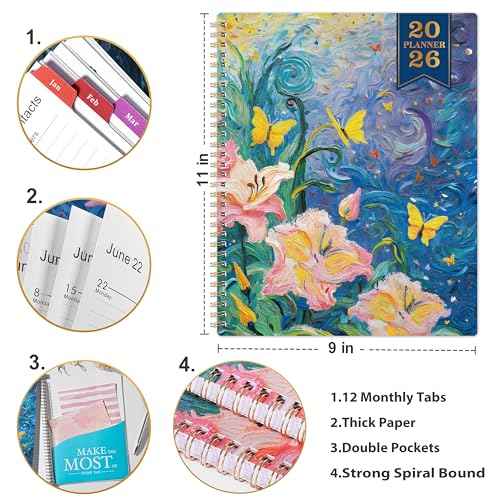 2026 Planner - Planner 2026 Weekly and Monthly from January to December, 9" x 11", 2026 Weekly Monthly Planner with Inner Pocket, Colorful Coated Tabs